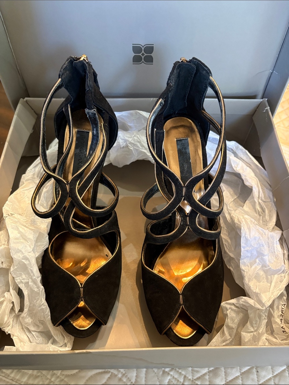 BCBGMaxAzria Suede gold trim Strappy gold mirror Platform zipper back High Heels
